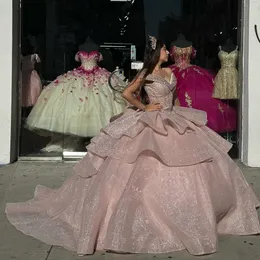 2024 April Aso Ebi Nude Pink Color Quinceanera Dresses Beaded Crystals Sparkly Lace Off Shoulder Tiered Train Ball Gown Evening Party Pageant Birthday Gowns