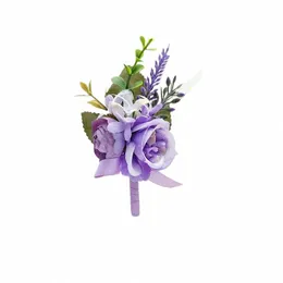 Фиолетовый бутоньерка для жениха, свадебные булавки для корсажа, брошь Frs Искусственные розы Groomsman Butthole Fr Свадебные аксессуары D 54xi #