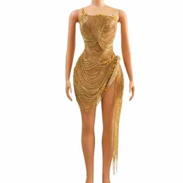 Sparkly Gold Drill Women Prom Dr Sexy See Through Birthday Queen Outfit Cantante Stage Performance Wear Costume da festa Luoli c5Ne #