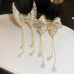 Saç klipleri süslenmiş inci kediler göz saç klipsleri kadınlar için melek kanatlar püskül kakma rhinestone barrettes lüks trend saç aksesuarları y240329