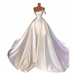 msikoods satin kyrka bröllop dres elegant vintage en axel pärlor bröllop brud dres vit en linje arabiska bröllopsklänningar n3ga#