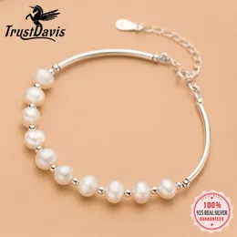 TrustDavis Luxury 925 Sterling Silver Fashion Sweet Freshwater Pearl Beads Bend Bracelet for Women Wedding Fine Jewelry DS662 240319