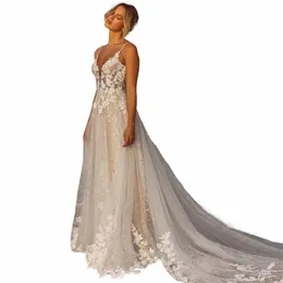 lsyx Tulle Spaghetti Strap V Neck Boho Bride Dres V Neck A Line Open Back Sequined Lace Appliques Beach Wedding Gown Summer A5y4#