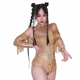Yeni Sier Seksi Parlayan Rhineste Bodysuits Kadınlar İçin Yüksek Neck Drag Queen Kıyafetleri Tassel Las Vegas Festival Karnavalı Giyim O846#