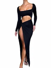 Mozisi Sexy Hollow Out High Split Maxi Dr for Women Robe 2022秋のフルスリーブRuched Club Party Lg Dr Vestido U6az＃