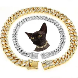 Cão Treinamento Obediência Coleiras Strass Gatinho Colar De Luxo Corrente De Metal Para Todas As Raças Cães Gatos Cuban Link Colar Hip Hop Gold P OT0VV