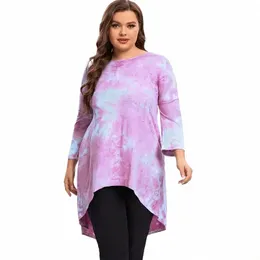 Plus Size Lg Sleeve Elegante Tie Dye Tunika Tops Frauen Lg Loose Hi Low Swing Bluse T-Shirt Fit Flare Große Größe Casual Tops w6lQ #