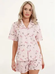 Ubrania domowe damskie kokardowe druk Pajama Sets Lapel krótki rękaw guziki w dół koszule