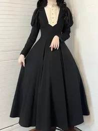 Vestidos casuais 2024 preto japonês lolita um pedaço vestido mulheres retalhos vintage festa de noite longo feminino o pescoço frança retro roupas