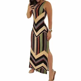 bunt gestreifter Druck Seitenschlitz Maxi Dr Damen Colorblock Sleevel Slim Lg Dres e0kh #