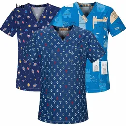 men's Fi Print Dentist Nursing Uniform Top Phcist Clinic Cott Work Surgical Gown Short Sleeve T-Shirt Womens Scrub 95nf#