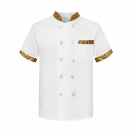 Summer Chef Uniform Double Breasted Short Sleeve Unisex Chef Coat Stand Collar Breattable Stain-Resistent Canteen Waiter Top O78G#
