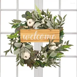 Decorative Flowers Eucalyptus Leaf Wreath Green Leaves Wreaths With Welcome Sign Festival Decor 18Inch Realistic For Spring And Summer