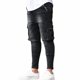 Herren Jeans Mittlere Taille Slim Stretch Jeans Herren Casual Sporthose Schnürreißverschluss Bleistifthose Four Seass Blue Jeans Brandneu O8PX #