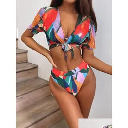 Women'S Swimwear Womens Colorf Female Swimsuit High Waist Bikini Women Three-Pieces Set Short Sleeve Bather Bathing Suit Swim Drop De Dhtyz