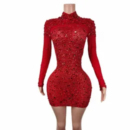 Red Rhinestes Mesh Dres for Women Födelsedag Fira kvällsträcksdräkt sexig scendansprestanda Dr Cuixing B5BG#