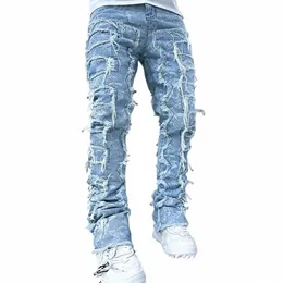 Imcute Regular Fit Jeans impilati Patch Strappato Skinny Distred Distrutto Pantaloni in denim dritto Abbigliamento streetwear N5RK #