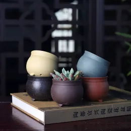 Planters Yixing Purple Sand Thumb Flowerpot Small Round Line Round Folwer Pot Mini Pot Breathable Lovely Chinese Style Flower Pot ZD22