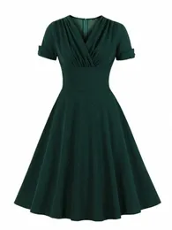 tval ruched v hals wrap hög midja 1950 -talet vintage grön en linje swing dres kvinnor sommar solid elegant parti midi dr s169#