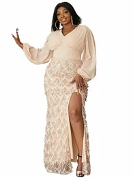 Missord Gold Sequin Chiff Plus Size Party Dr Women Elegant Lantern Sleeve V Neck Lår split prom Dres LG Evening Gown P3Y0#