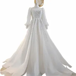 Funyue France Lace Muslim Plus Size Wedding Dres för brud full ärm Hög hals A-line Dubai brudklänningar Vestido de Novia A5kd#