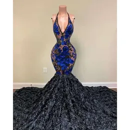 New Arrival Sequin Black Girls Mermaid Dresses Plus Size Deep V Neck Sequined Dress D Rose Flowers Prom Gowns BC