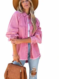 2022 meninas doce rosa solta camisa jaqueta mulher casual macio bunda denim camisas senhoras chique sólido bolso jaquetas m2zO #