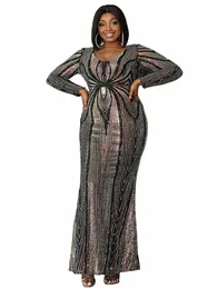 Missord Spider Print Sequinin Plus Size Evening Dres Women LG Sleeve v Neck Bodyc Halen Party Dr Elegant Prom Gown S0DX＃