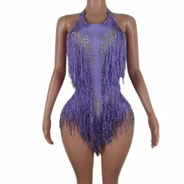 new 2023 Sequin Fringes Purple Leotard Sexy Tassel Bodysuit Latin Dance Pole Costume Stage Party Club Dancer Performance Liusu C4Kw#