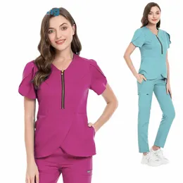 wholesale Fi Scrub Suits Hospital Uniform Set Solid Color Hospital Surgical Gown Pocket V-neck Scrubs Set for Women Joggers p5RY#