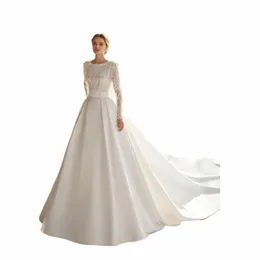 underbar satin fascinerande bröllop dres vacker lg ärm enkel elegant brudklänningar sexiga utsökta spetsar applikerade mantel f00e#