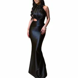 Czarna syrenka Prom Dres dla kobiet o szyjka Sieć Train Cutaway Sides 3D FRS PLATS Evening Party Suknie D056#
