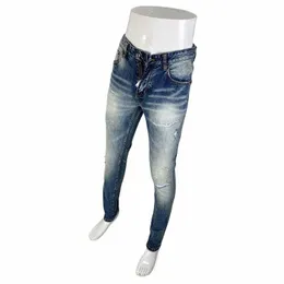 Fi Streetwear Men Jeans Retro Light Blue Elastic Skinny Fit Ripped Jeans Men Vintage Designer Brand Denim Pants hombre i9fg＃