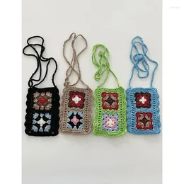 Shopping Bags Korean Version Hand Crochet Small Shoulder Bag DIY Grandmother Gebohemian Hollow Mobile Phone Summer Versatile Plaid