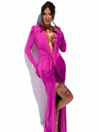 Mozisi Deep V Neck Lg Sleeve Split Maxi Dr Women Elegant Clubwear 2023 Autumn New BodyC Ruched Sexy LG Dr A7YX＃