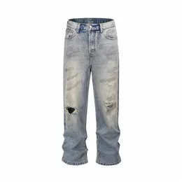 beschädigt Heiraten Blaue Baggy-Jeans für Männer, gerades Loch, Distred Casual Cargo Pants, ausgefranste Streetwear-Denim-Hose, Übergröße x4fg#