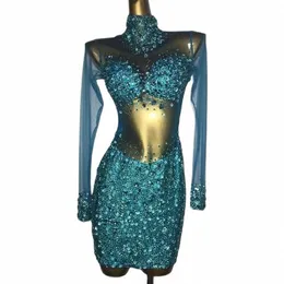 women Sexy Blue Transparent Stes Dr Birthday Party Outfit Rhinestes Rompers Singer Team Dance Stage Performance Costume z3Mi#