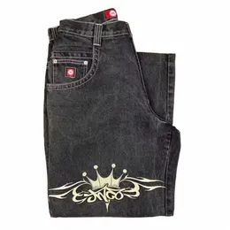 JNCO Jeans Y2K Pants Mens Hip Hop Graphic Brodered Baggy Jeans Black Pants New Punk Rock High midje breda byxor Streetwear 85HK#