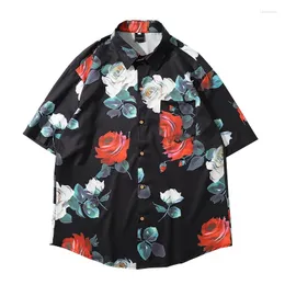 Men's Casual Shirts Single Breasted Rose Print Short Sleeved Shirt Loose Jacket Turndown Collar Summer Buttons Floral Tops