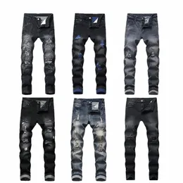 Calças de brim rasgadas dos homens calças magras hip hop masculino jeans homme elasticidade magro ajuste desgastado casual calças jeans hombre 35s8 #