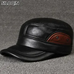 Siloqin äkta läderhattar Herr Mens Flat Cap Brands Baseball Caps för män Justerbar storlek Cowhide Leather Hat Earmuffs Dads Cap 240311