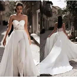 Detachable Sheath Wedding Dresses Jumpsuits Strapless Lace See Though Top Open Back Court Train Bridal Dress Beach Gowns Reception C G
