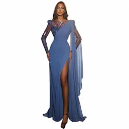 sexy Evening Dr Sky Blue Beading Lg Sleeves Luxury Gowns Side High Slit Mermaid Illusi Prom Dres 2023 37aT#