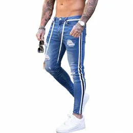 Trendy mężczyźni chudy dżinsy motocyklista zniszczony strzępione dżinsowe dżinsowe spodnie boczne paski Pencil Spodnie Hip Hop Streetwear v1iw#