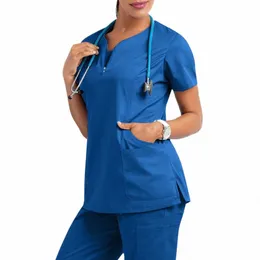Nowy odcinek peeling w dekolcie w szpic dla kobiet solidny krótkie koszulka z krótkim rękawem Piękno Sal Pielęgniarka z pielęgniarkami z kieszonkową bluzką C18Q#