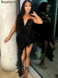 Beyprern Glam Feather Patchwork Sequins Overlay Maxi Dress Gowns Glitter Irregular Velvet Night Birthday Outfits 240315