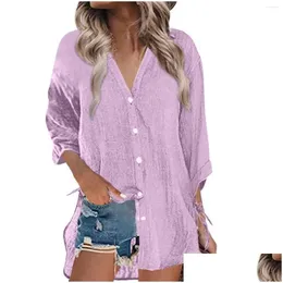 Women'S Blouses & Shirts Womens Cotton Button Down 3/4 Sleeve Buttons Irregar Hem Summer Cardigans Blusas Para Mujer Trafza Drop Deli Dhdri