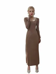 y2k Women Bodyc Dr High Waist Slim Fit Lg Sleeve Dr Hip Wrap Slit Maxi Dres New Simplicity Fi Female Clothing N2Ag#