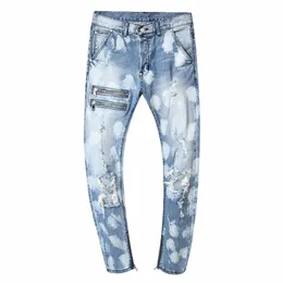 Nya rippade denim jeans för män plus storlek 44 46 med falska zip elastiska designerbyxor raka högkvalitativa blå jeans manliga byxor q1in#