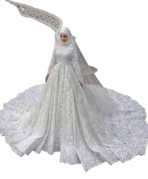 2023 Müslüman Hicab Düğün Dr A Hat O Boyun LG Kollu Lüks Dantelli Gelinlikler Robes De Mariees Luxe Dubai Özel 376U#